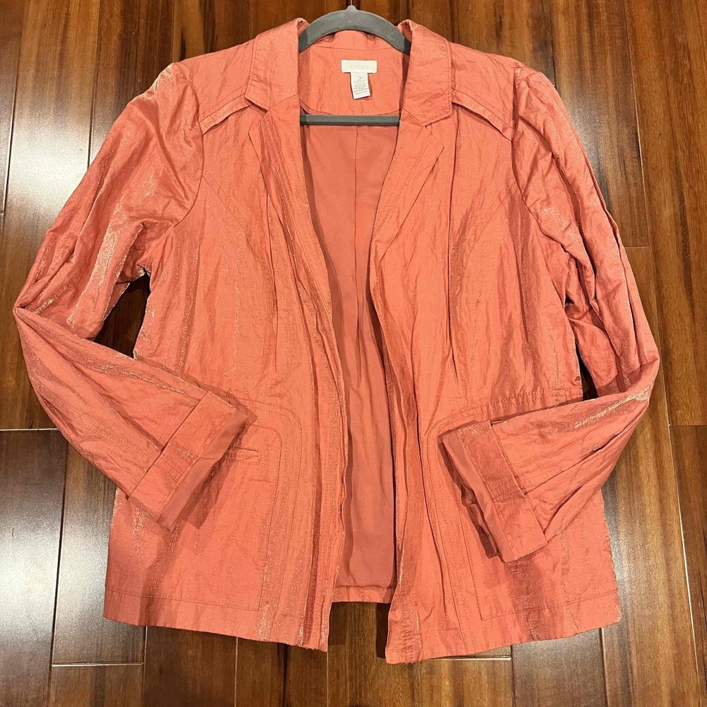 Chicos Coral‎ Orange Open Jacket Blazer Collar Pockets Size 2 US L / 12